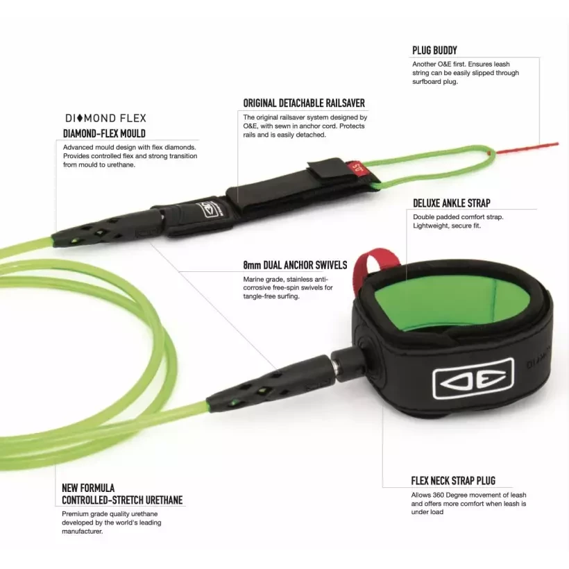 Surf Leash Ocean & Earth Diamond Flex Comp Lime