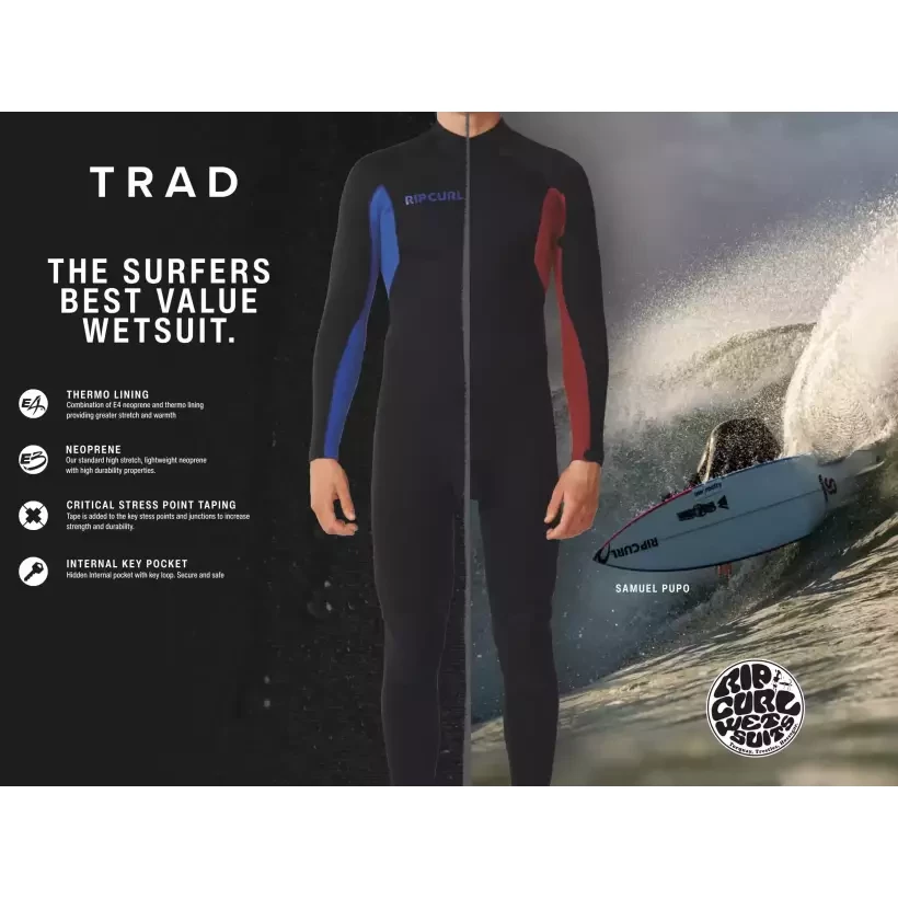 Shorty Rip Curl Trad Flat Lock Back Zip 2/2mm Nero