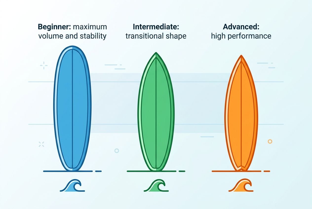 Difference between surfboard shapes: beginner, intermediate, and advanced boards shown with nose and tail outlines and performance labels.