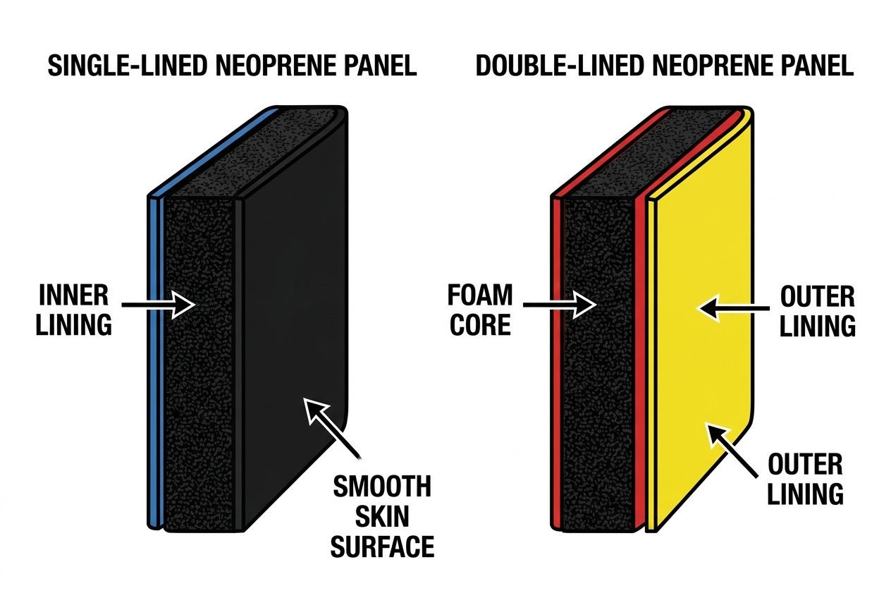 Difference between wetsuit materials: cross-section diagrams of single- and double-lined neoprene panels, showing inner/outer linings, foam core, and smooth skin surface for open- and closed-cell varieties.
