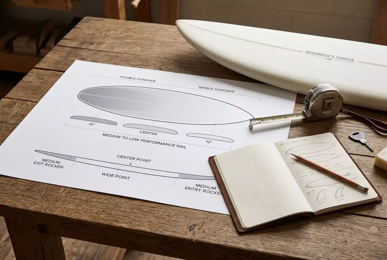 Dinheiro com prancha de surf modelo técnico sobre a mesa, com esboço de prancha, protótipo e notas, ideal para entender “qual prancha de surf comprar iniciante”