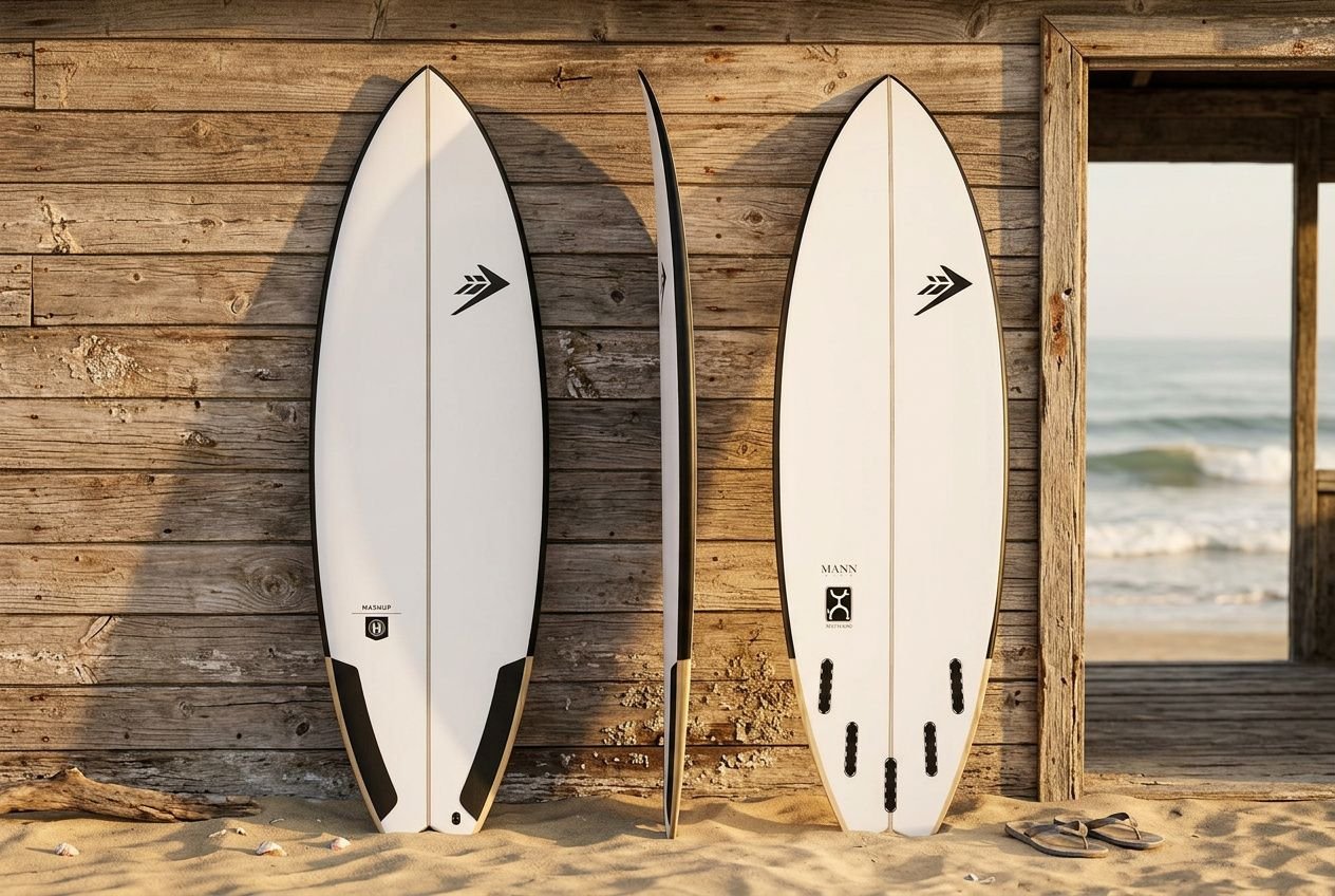 Drei Surfboards stehen an einer Holzwand am Strand; links und rechts weiße Boards, Mitte ein dunkles Shortboard, Meer und Sand im Hintergrund. lches surfbrett passt zu mir integriert?