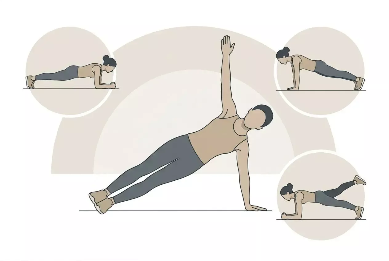 Imagem explicativa de pessoa em prancha lateral e variantes: prancha estática, prancha com braço elevado, primitive crunch e push-up curto. keyword integrada: "1 minuto de prancha equivale a quantos abdominais"