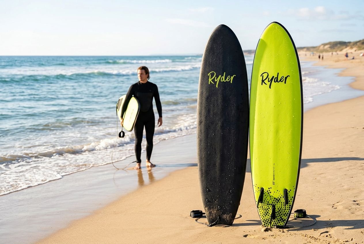 Learner surfer with two soft-top surfboards on the beach, ready to use a surfboard for learning to surf.