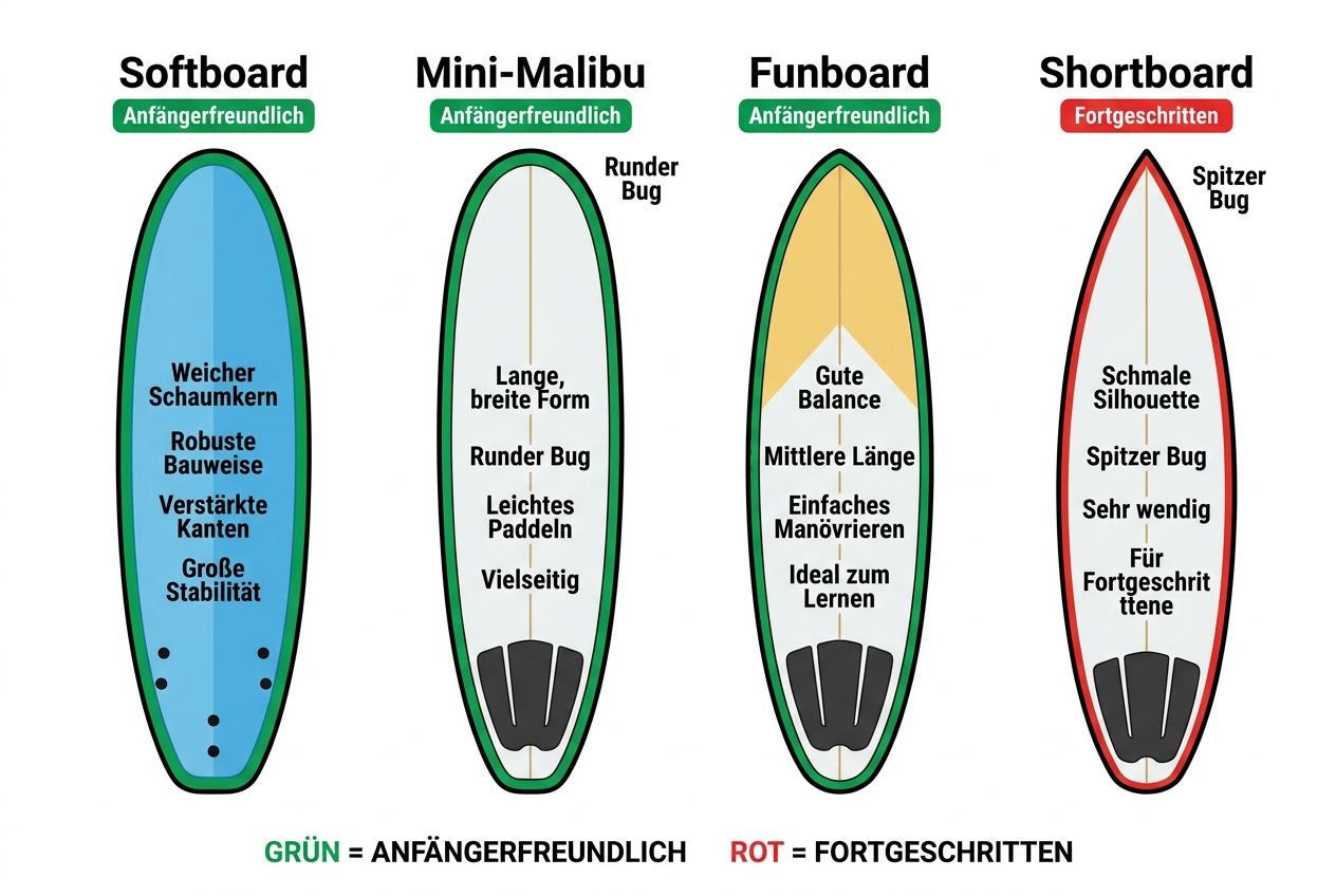Welches surfbrett für anfänger: Vier Boardschart mit Softboard, Mini-Malibu, Funboard und Shortboard, grün markiert als Anfängerfreundlich.