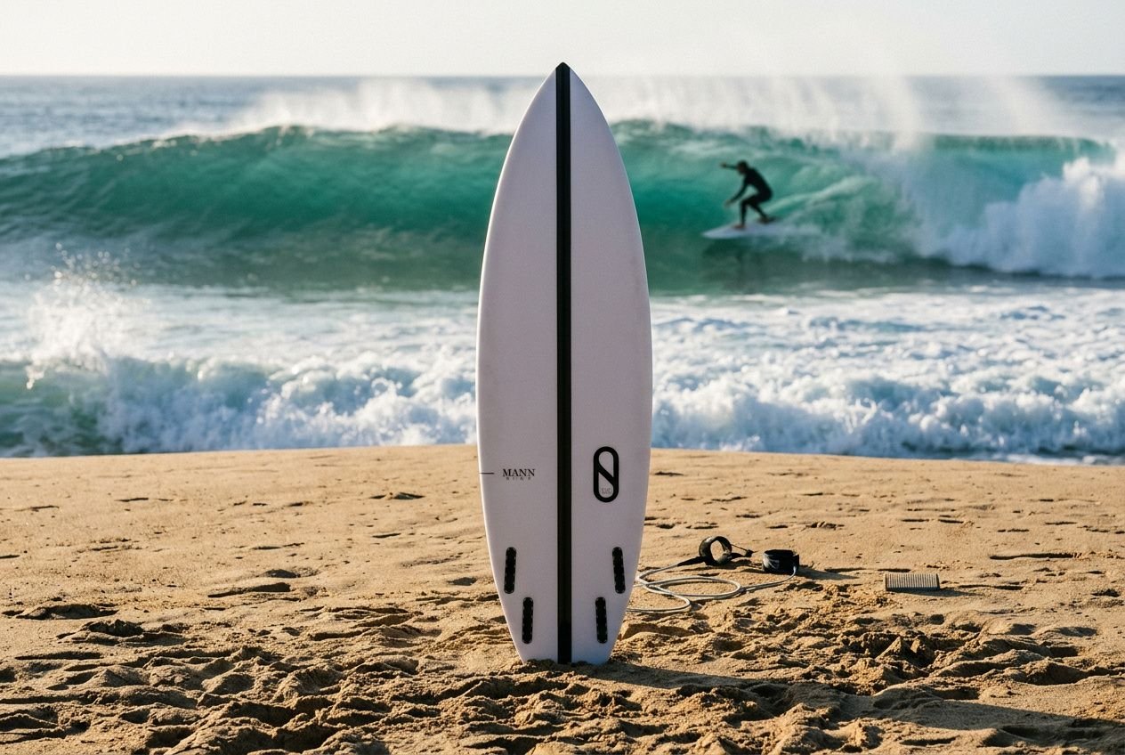 Surfbrett am Sandstrand mit Wellen im Hintergrund, lches surfbrett passt zu mir, auf dem Board stehen Finnenplatten.